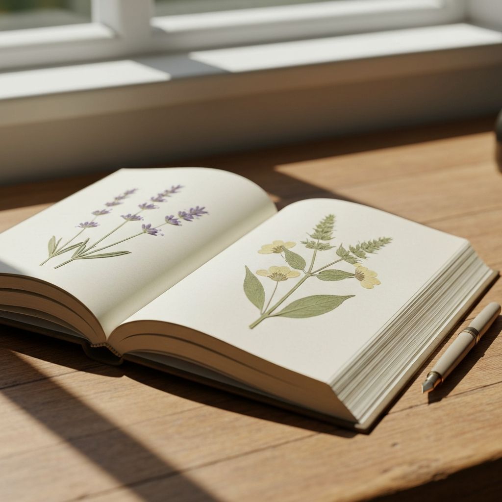 Otwarta książka botaniczna z suszonym zielonymi liśćmi na drewnianym biurku